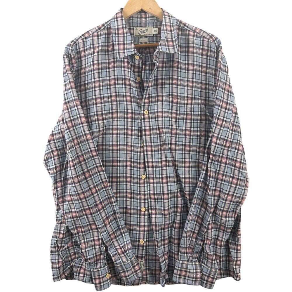 Grayers Clothiers Linen Plaid Button Down Shirt Mens L Blue Pink Long Sleeve